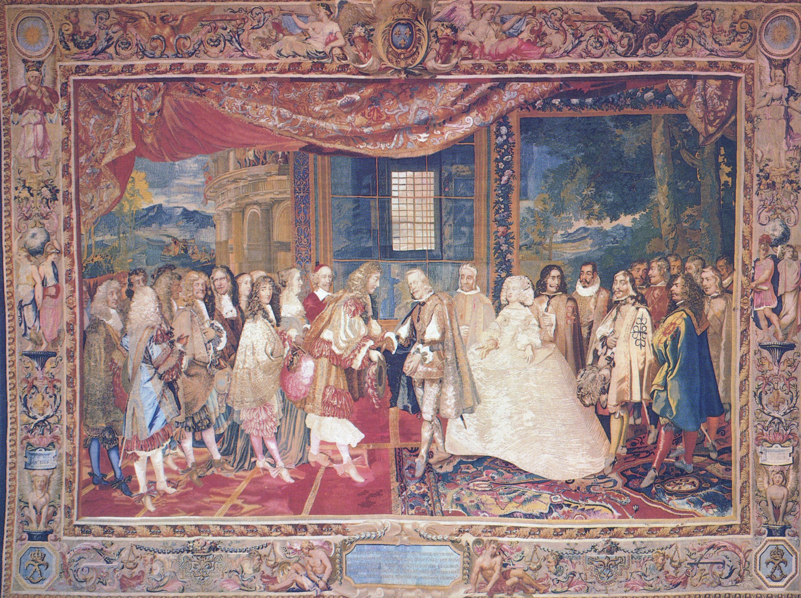 Charles Le brun, ’Louis XIVs og Felipe IVs møde på Ile des Faisans’ (1673-80). Billedtæppe/gobelin, 510 x 700 cm.