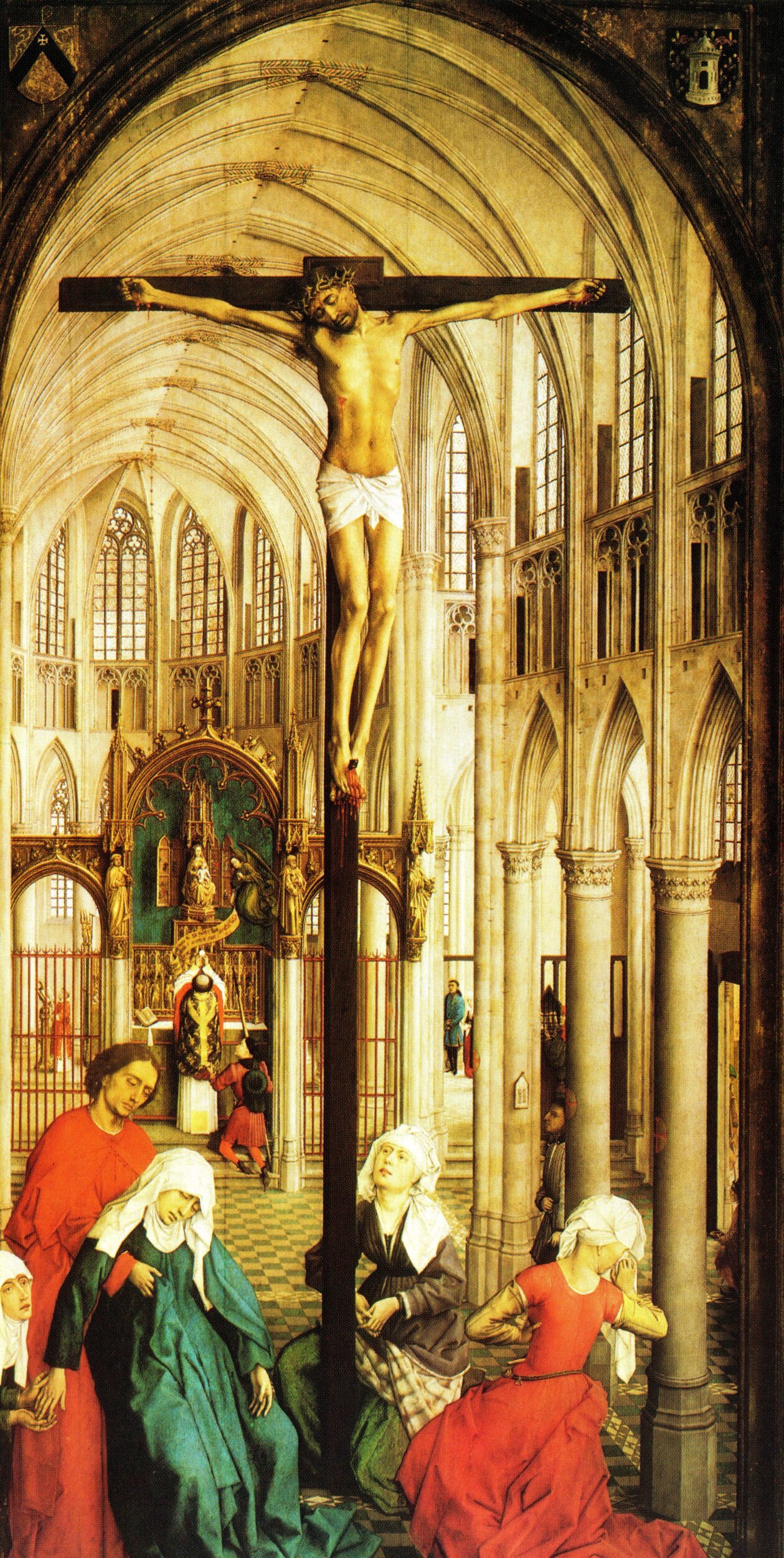 Nadverens tilbedelse og korsfæstelse i kirken, Rogier van der Weyden, ca. 1445 (sengotisk).