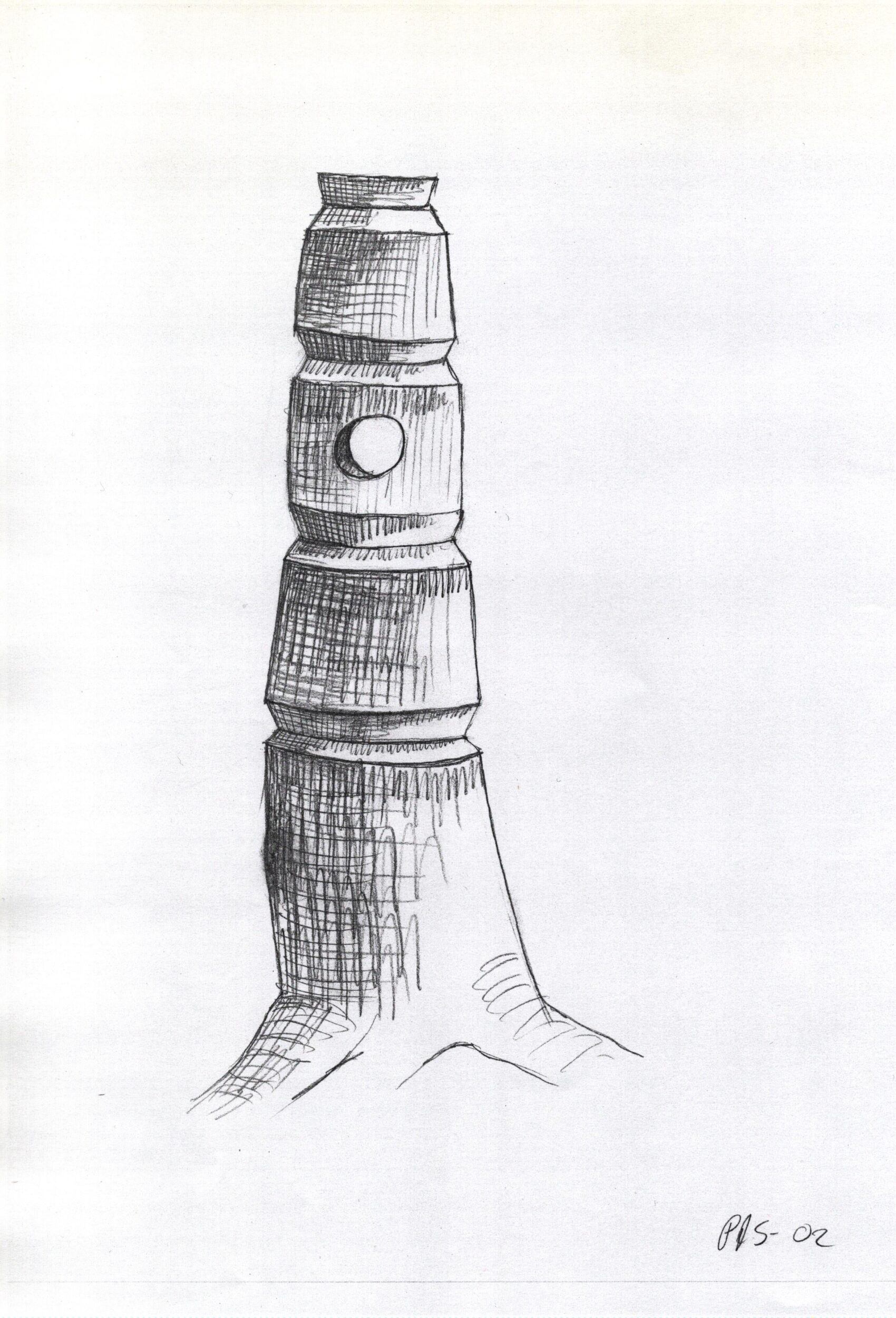 Skitse til træstub-skulptur Nr. 1 (2002). Fra projekt sammen med billedhuggeren Steen Krarup Jensen.