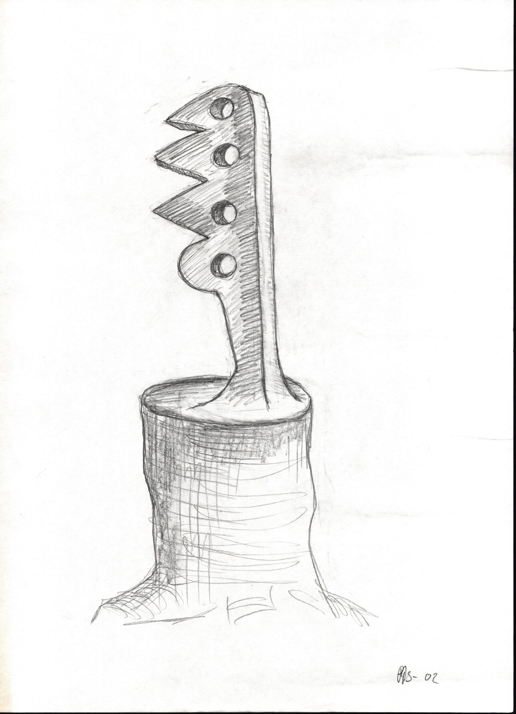 Skitse til træstub-skulptur Nr. 12 (2002). Fra projekt sammen med billedhuggeren Steen Krarup Jensen.