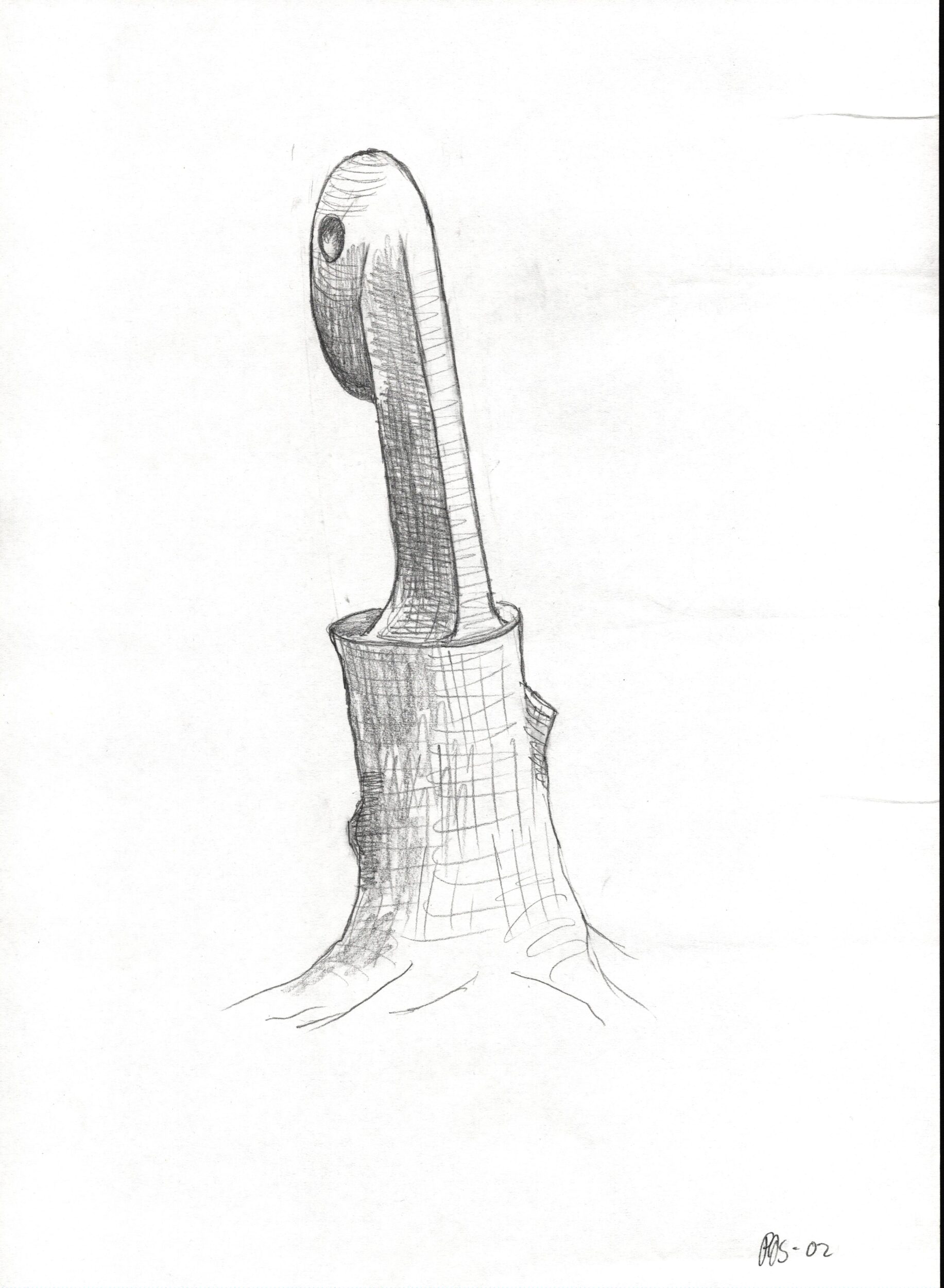 Skitse til træstub-skulptur Nr. 2 (2002). Fra projekt sammen med billedhuggeren Steen Krarup Jensen.