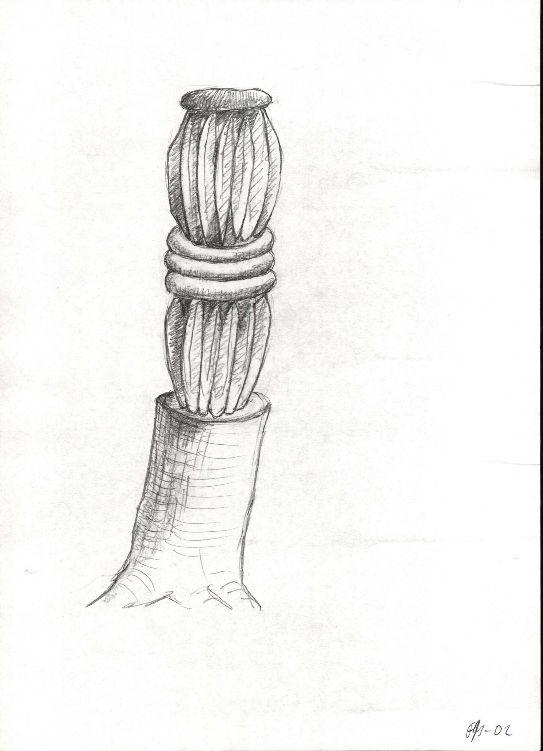 Skitse til træstub-skulptur Nr. 3 (2002). Fra projekt sammen med billedhuggeren Steen Krarup Jensen.