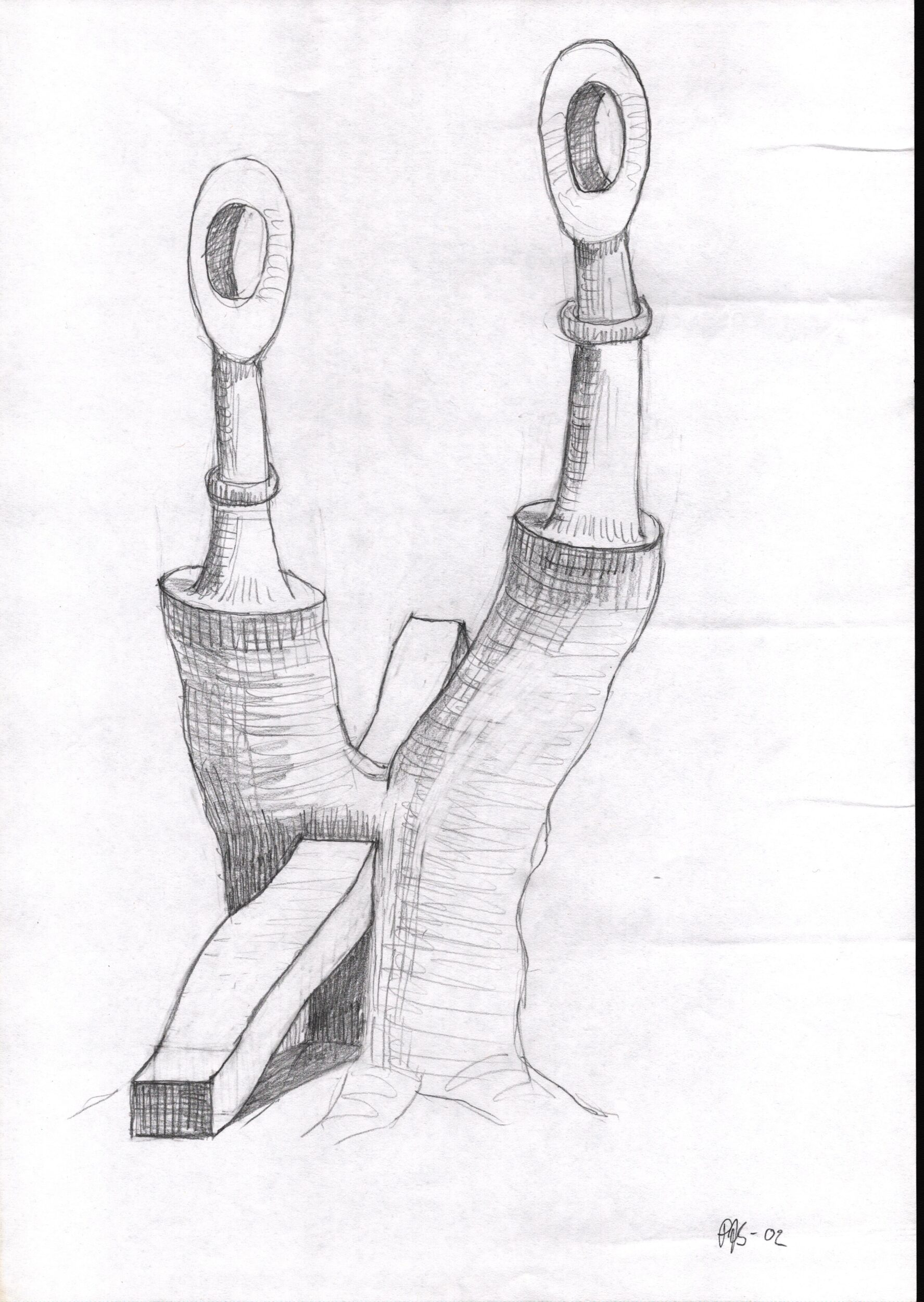 Skitse til træstub-skulptur Nr. 4 (2002). Fra projekt sammen med billedhuggeren Steen Krarup Jensen.