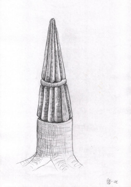 Skitse til træstub-skulptur Nr. 6 (2002). Fra projekt sammen med billedhuggeren Steen Krarup Jensen.