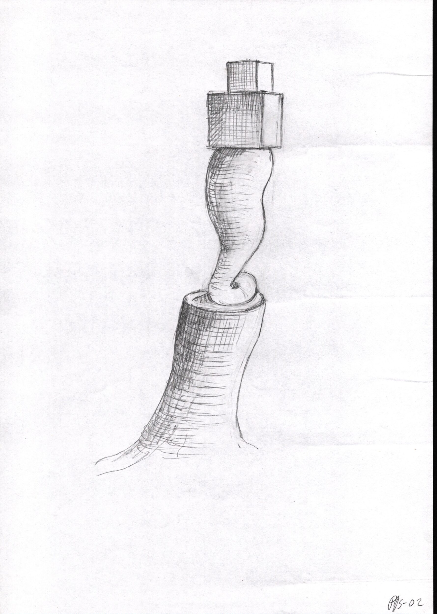 Skitse til træstub-skulptur Nr. 7 (2002). Fra projekt sammen med billedhuggeren Steen Krarup Jensen.
